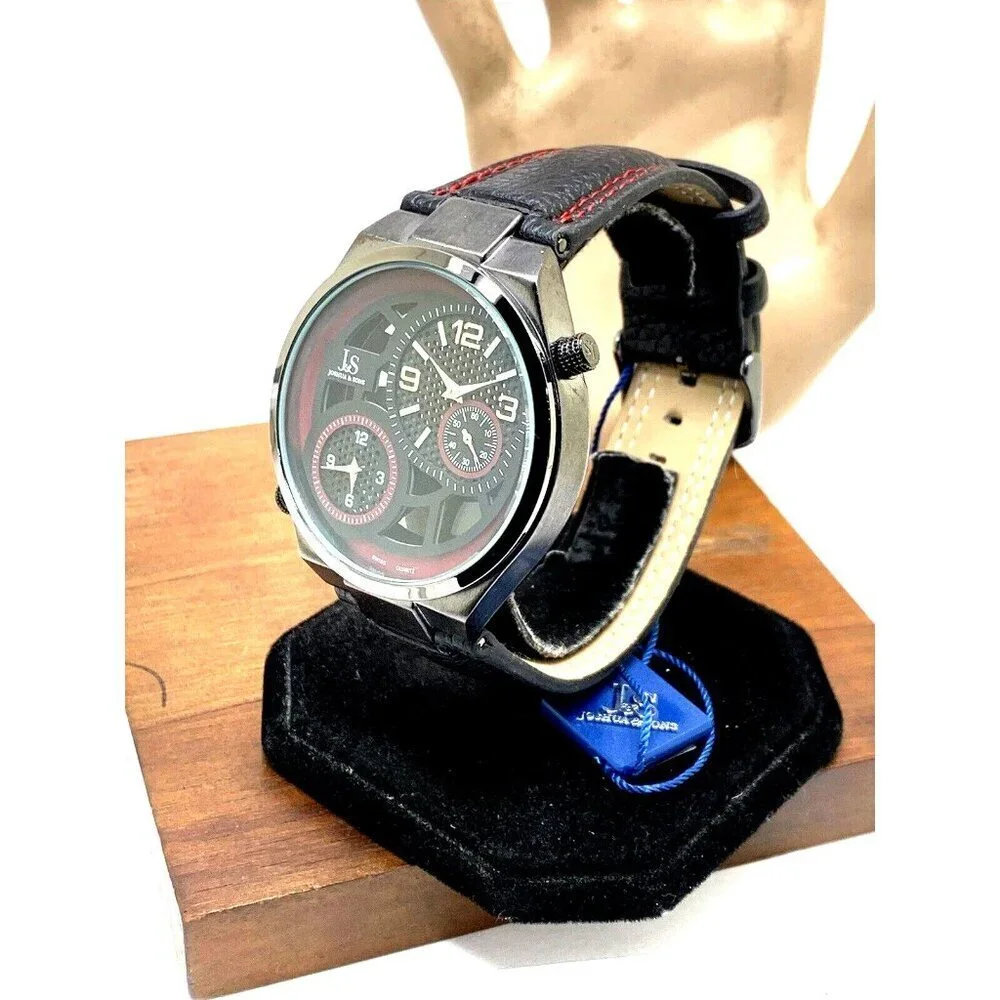 Joshua & Sons Men's Watch JS83 Quartz Dual Time Zone Red Black Dial Leat…